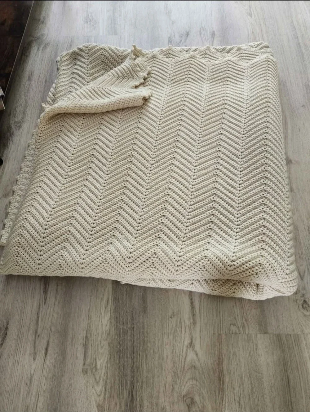 Handmade Cream Chevron Knit Large Blanket